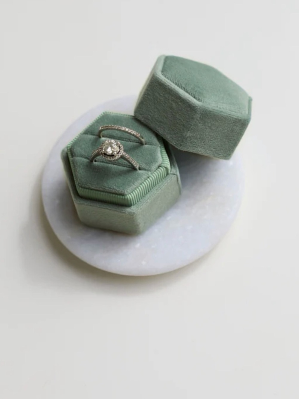 Six Stories Velvet Hexagon Ring Box in Sage Green